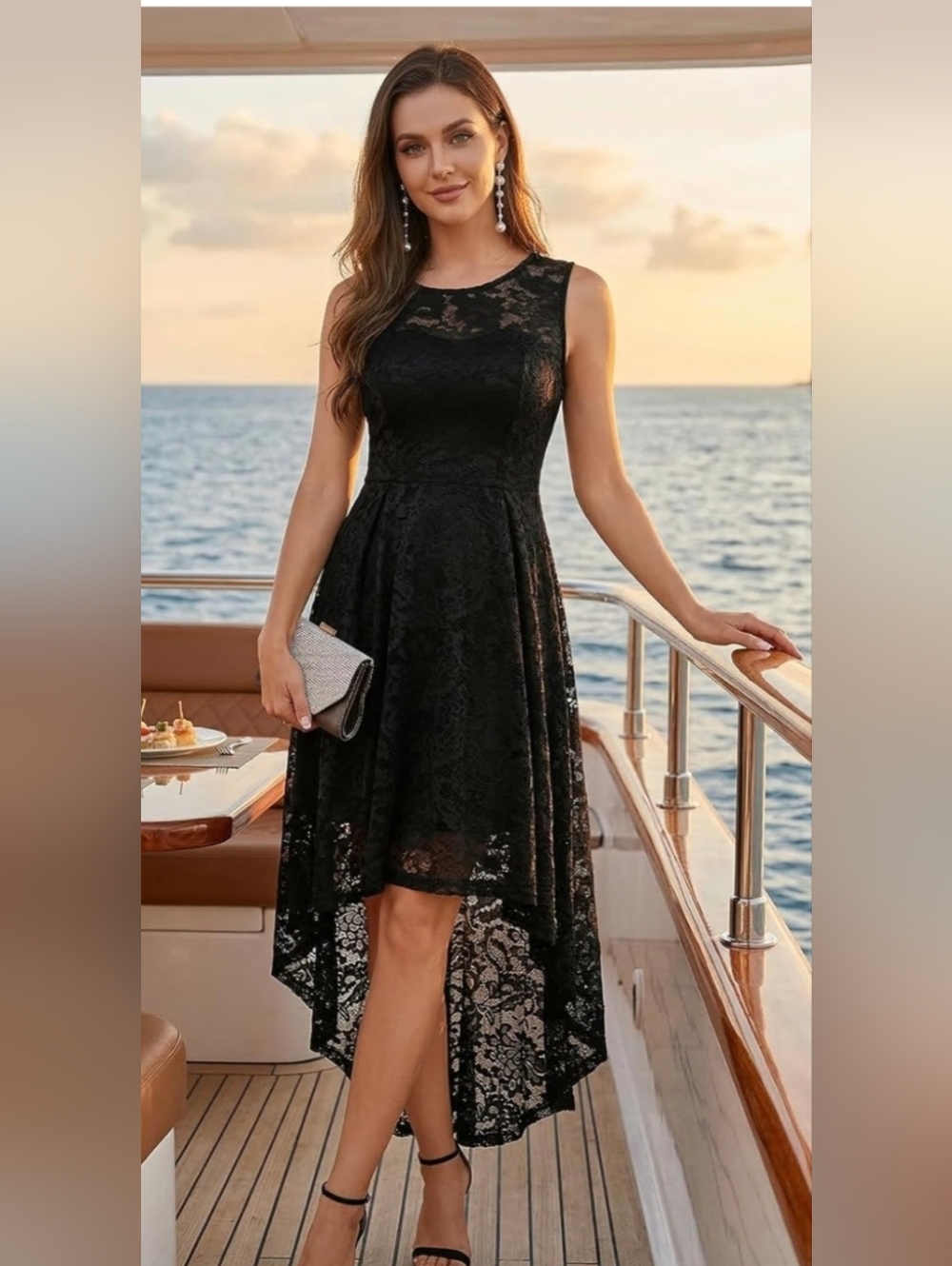 Maudress Elegant Black Lace High-Low Dress- Size XL